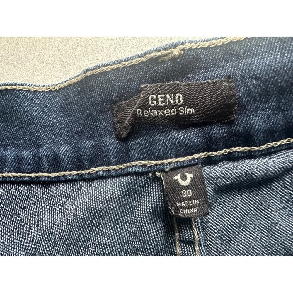 True Religion Geno Relaxed Slim Dark Wash Jeans Mens 30 Contrast Stitch Blue